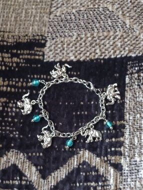 4/$40 Silver Elephant Charm Bracelet with Teal Beads